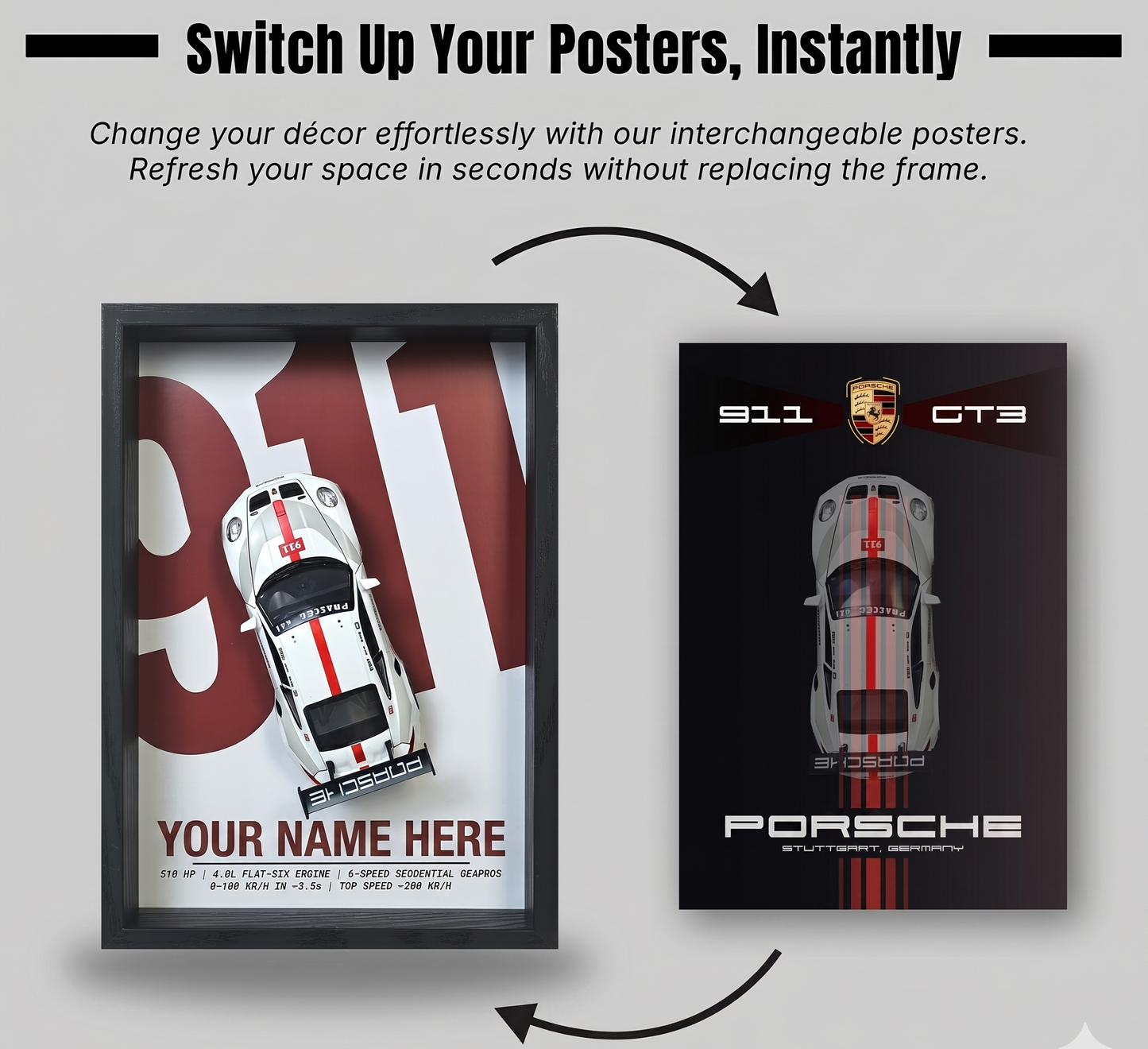 GT3 RS 3D Wall Art Frame with Diecast Model Car By Craft Vega