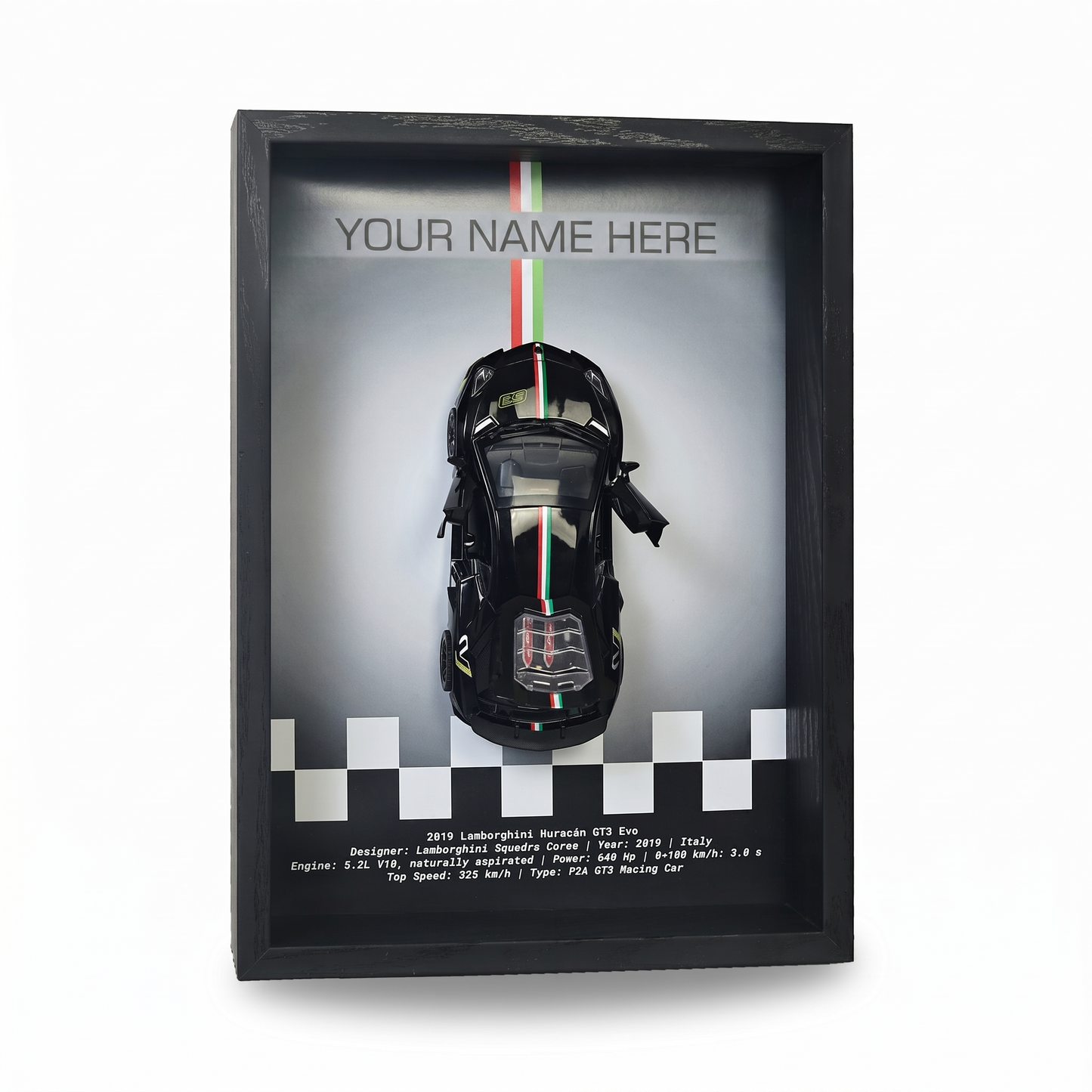 Personalised Black Huracan Shadow Box with Metal Diecast Model Car