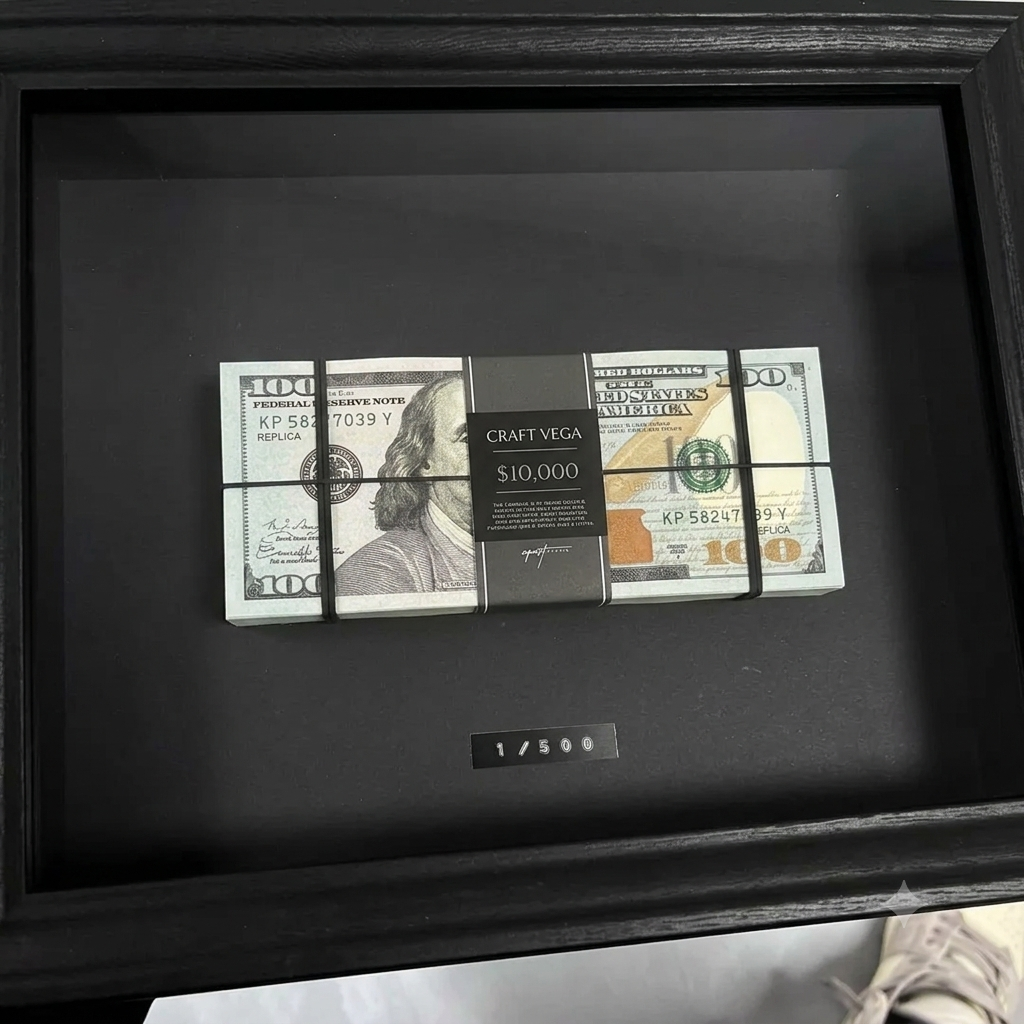 A black shadow box frame containing a replica stack of $10,000 in U.S.