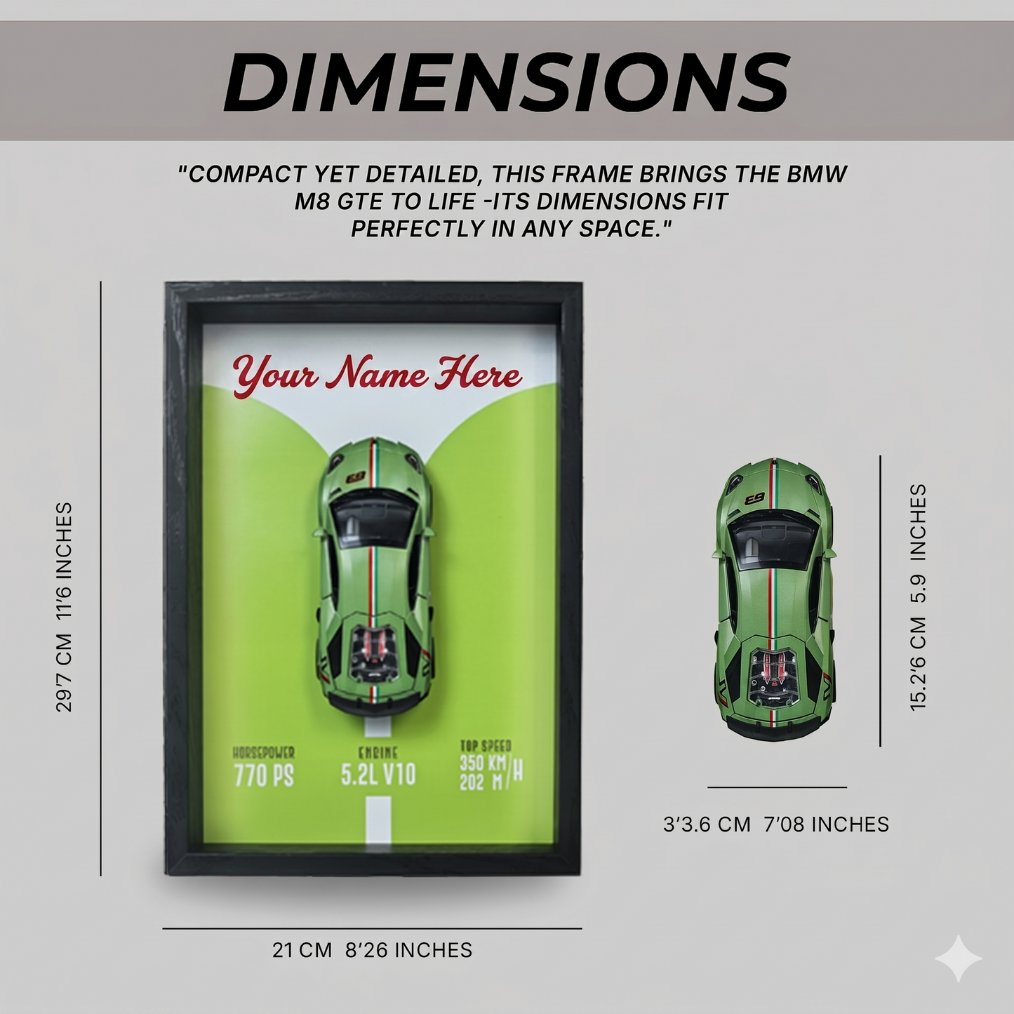 Personalised Green Huracan Shadow Box with Metal Diecast Model Car