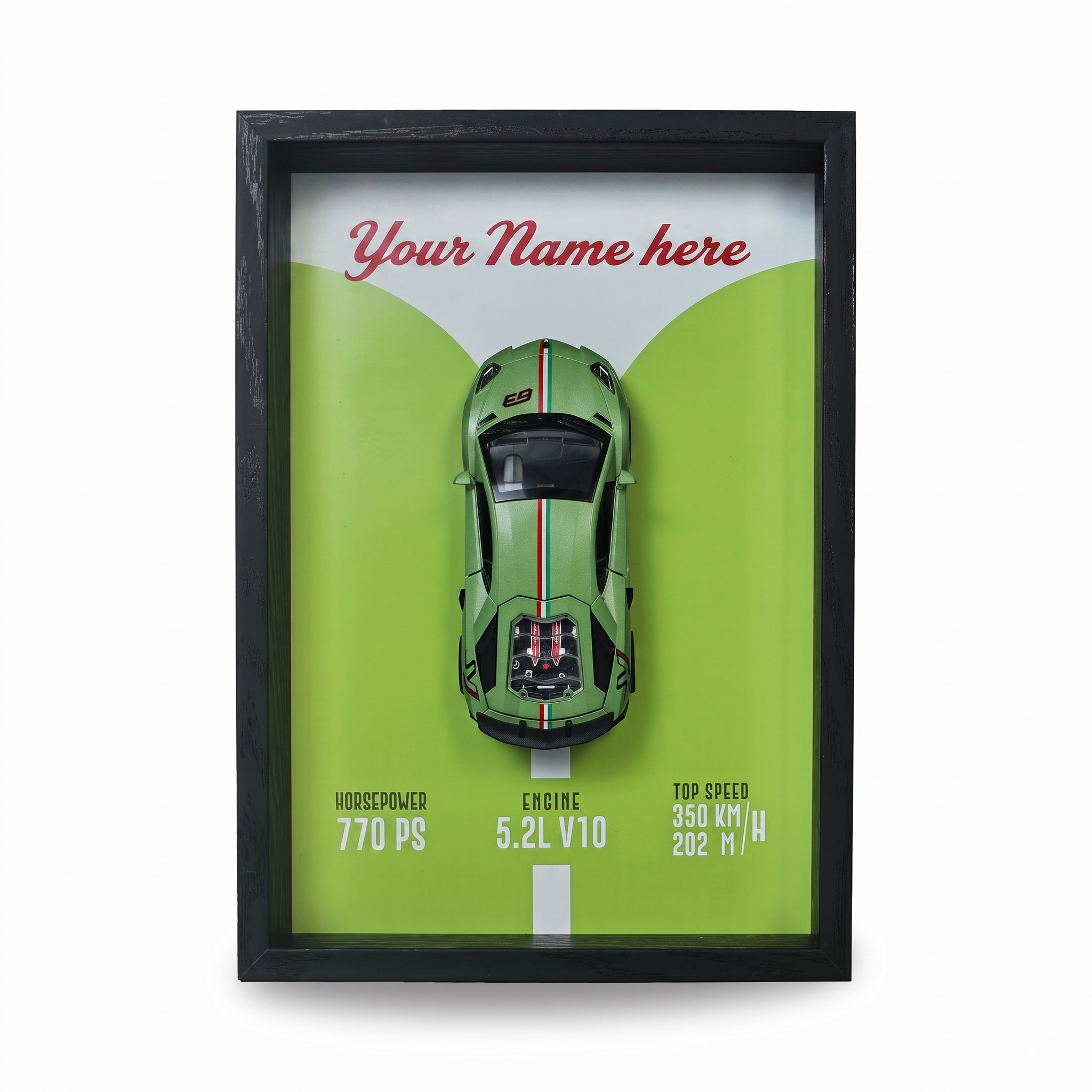Personalised Green Huracan Shadow Box with Metal Diecast Model Car