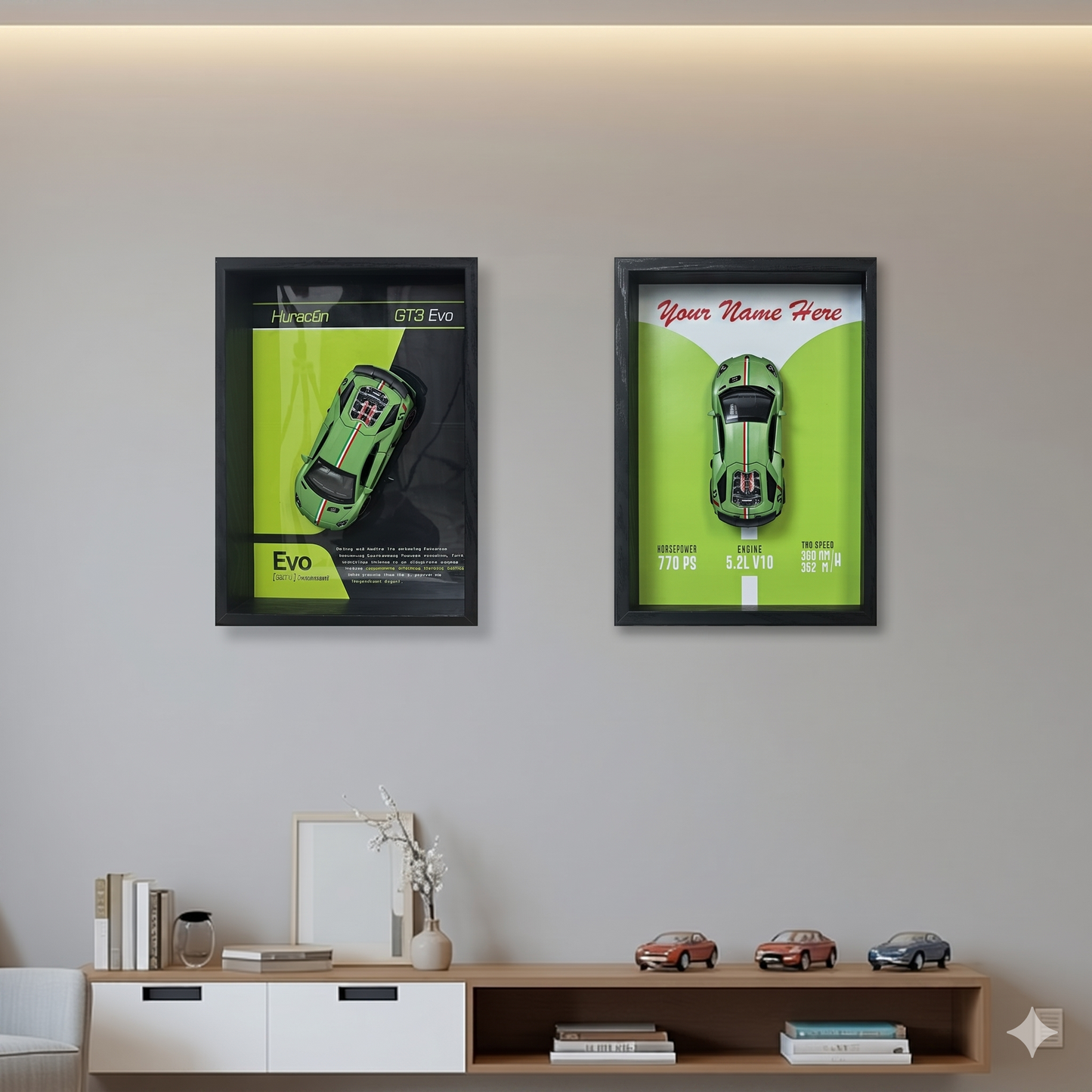 Personalised Green Huracan Shadow Box with Metal Diecast Model Car