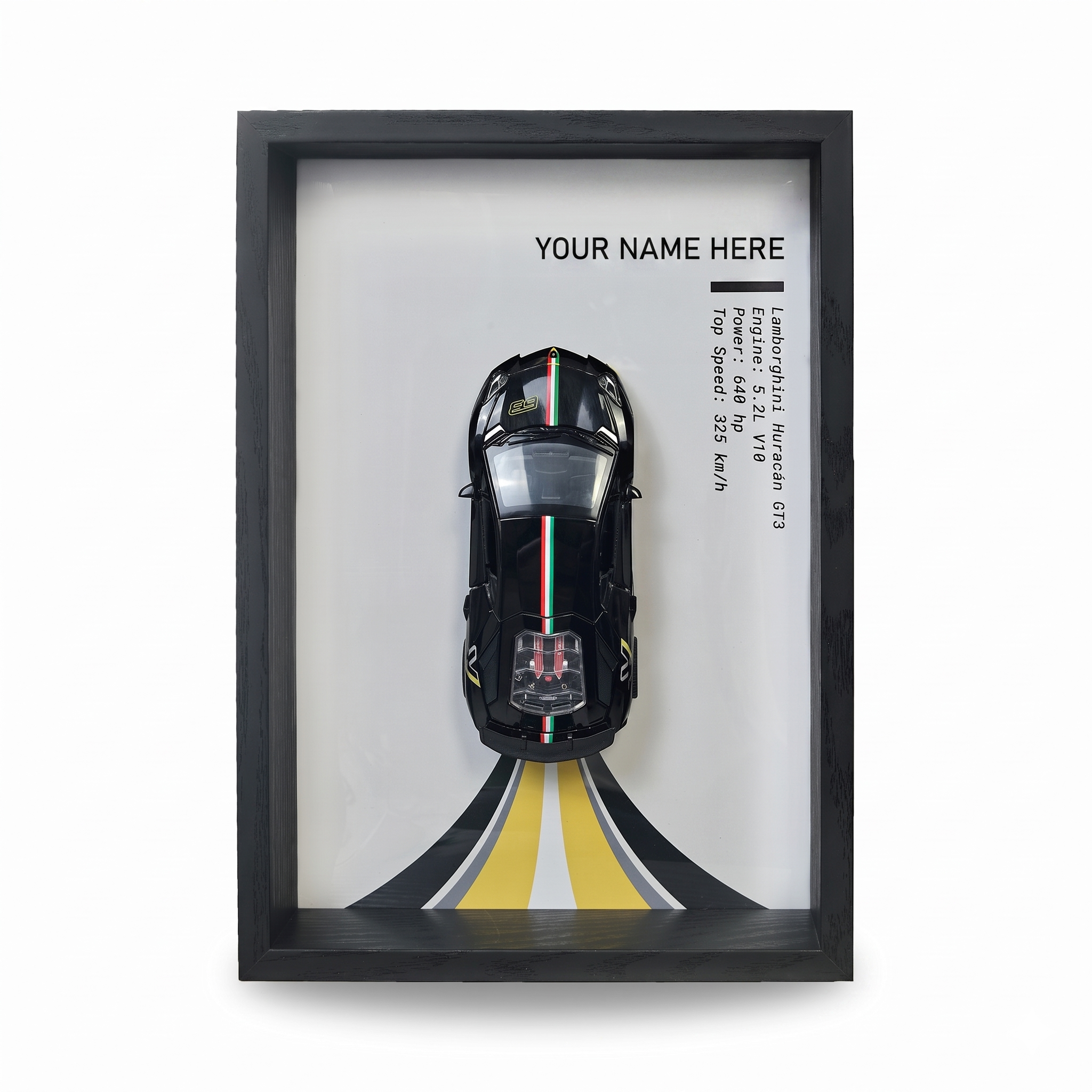 Personalised Black Huracan Shadow Box with Metal Diecast Model Car