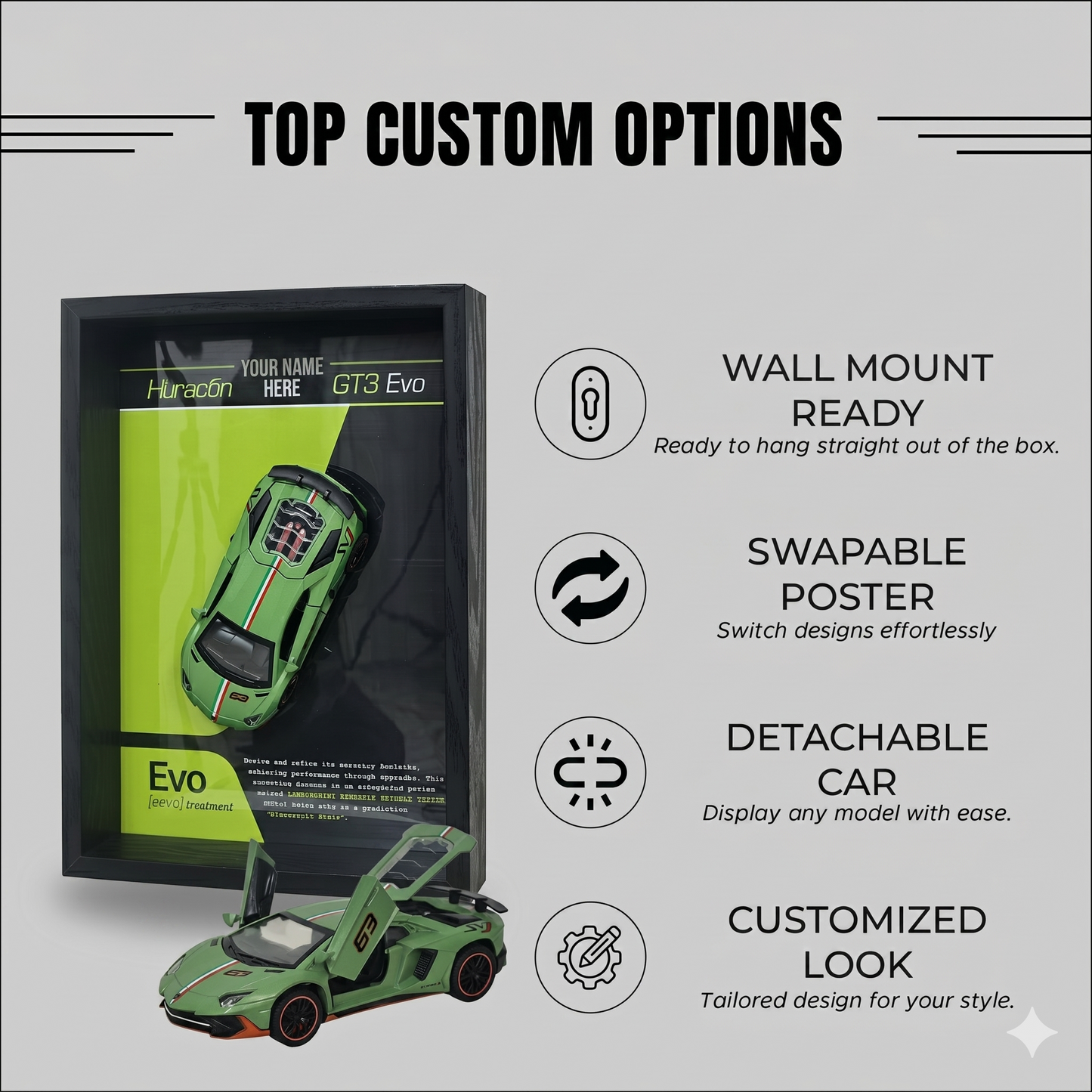 Personalised Green Huracan Shadow Box with Metal Diecast Model Car