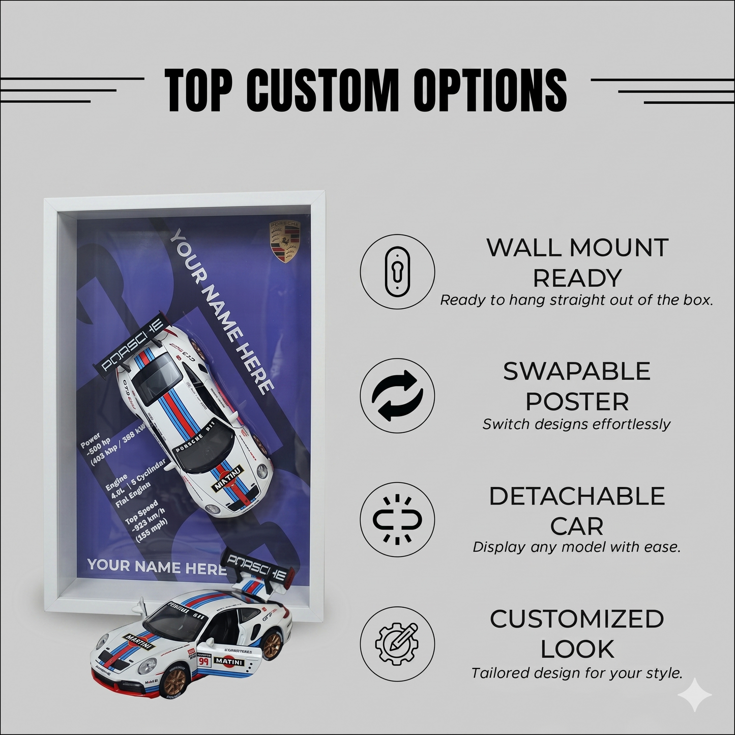 Personalised Porsch Shadow Box with Metal Diecast Model Car