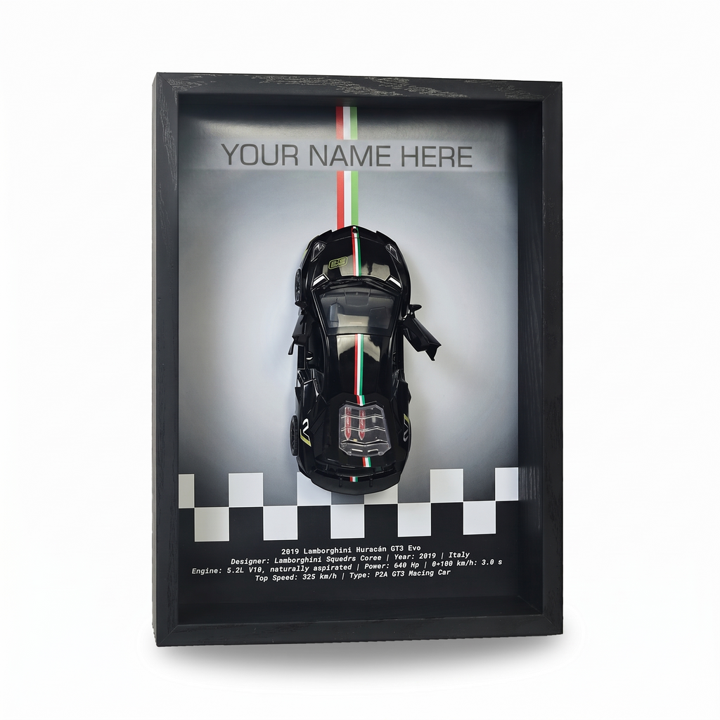 Personalised Black Huracan Shadow Box with Metal Diecast Model Car