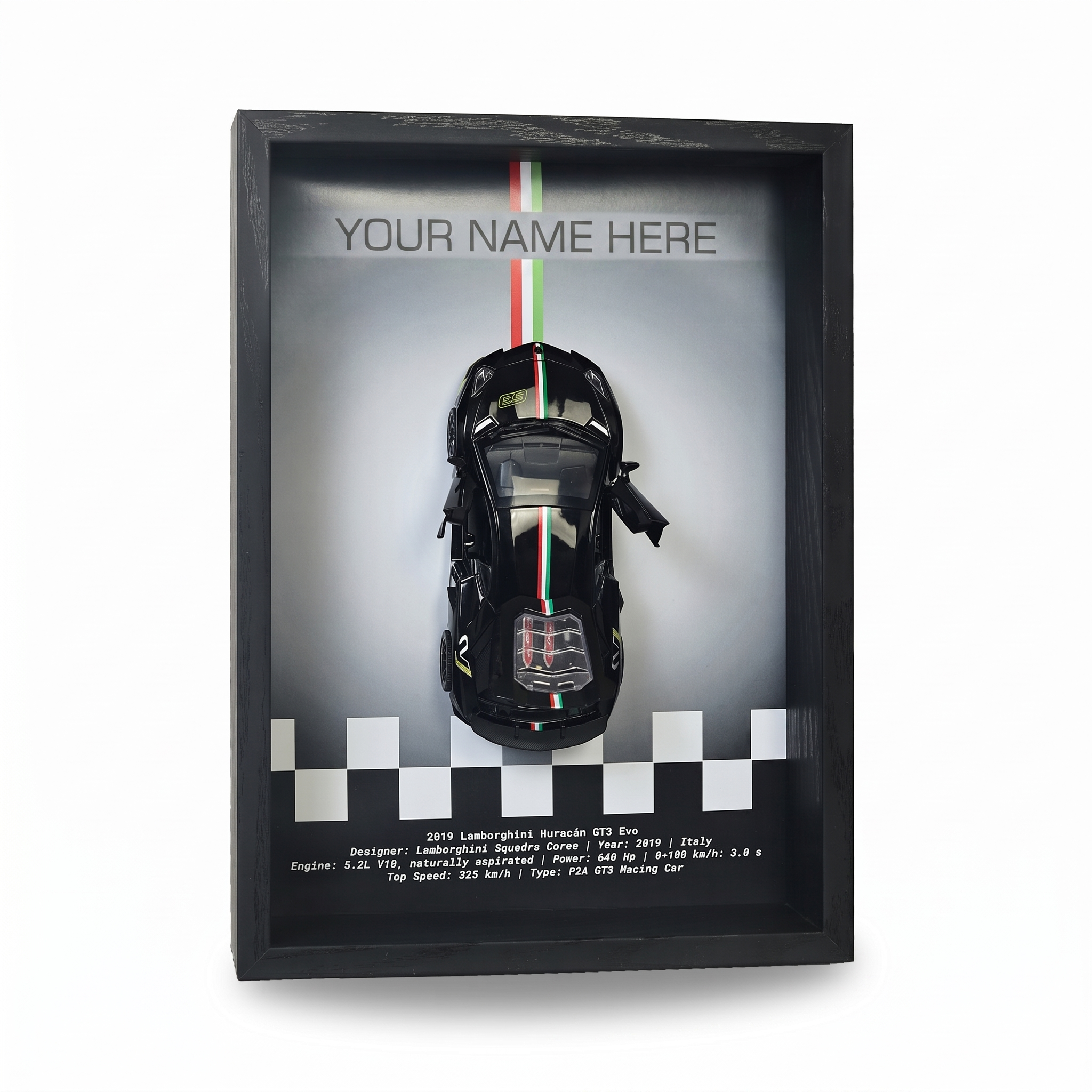Personalised Black Huracan Shadow Box with Metal Diecast Model Car