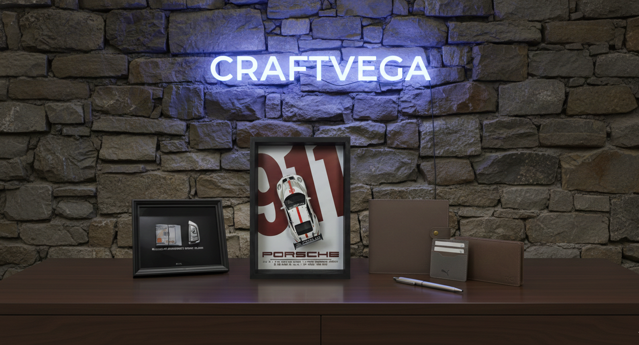 Neon sign with 'CRAFTVEGA' on a stone wall above a desk with framed items.