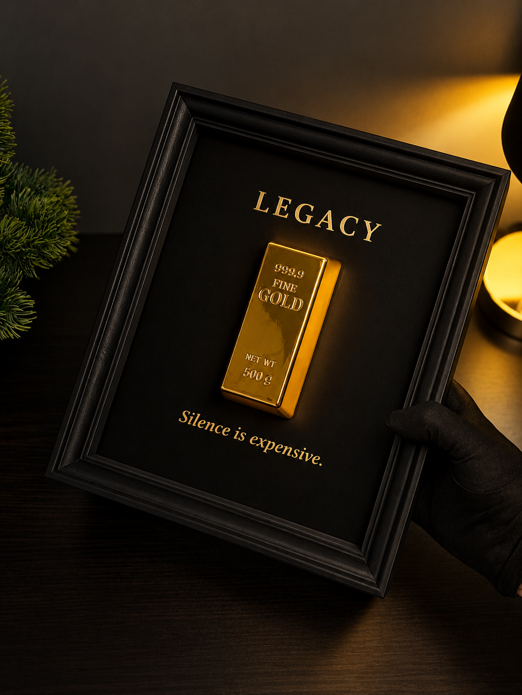 A black framed wall art piece held by a gloved hand, featuring a gold bar graphic with the word 'LEGACY' at the top and the phrase 'Silence is expensive.' at the bottom, set against a dark background with warm lighting.