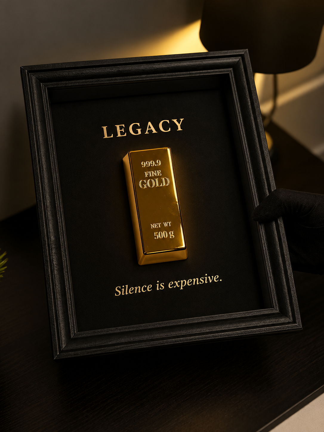 A black framed wall art piece featuring a gold bar in the center with the word 'LEGACY' above it and the phrase 'Silence is expensive.' below, held by a hand wearing a black glove.