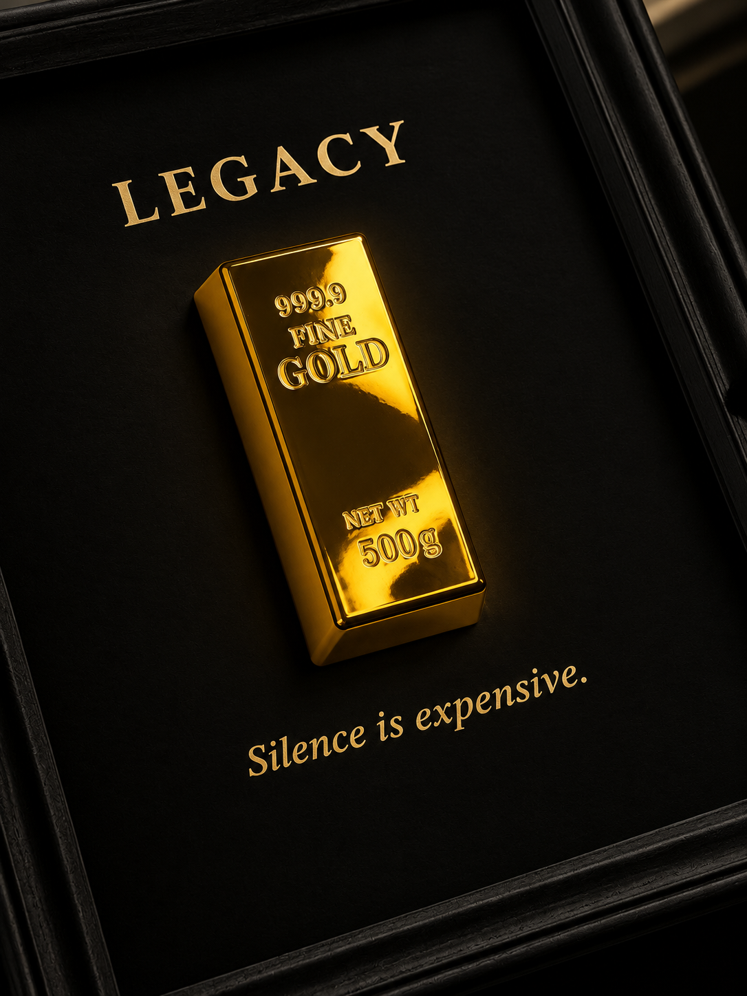 A polished 500g gold bar engraved with '999.9 FINE GOLD' and 'NET WT 500g', displayed inside a black framed shadow box with the word 'LEGACY' at the top and the phrase 'Silence is expensive.