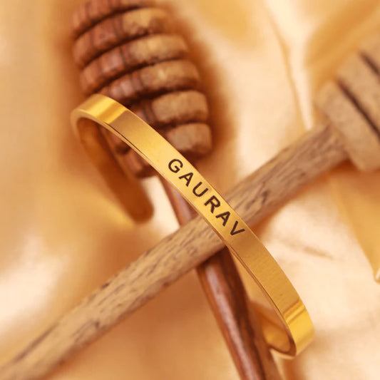 Personalized Gold Name Cuff | Custom Engraved Open Bangle By Craft Vega
